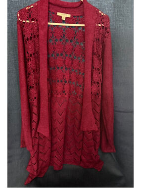 Women's Liz Claiborne Cardigan XL Burgundy Open Knit cottagecore crocheted